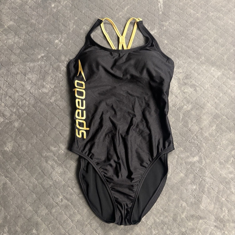 Speedo Women's One Piece Swimsuit Black Yellow Racerback Size 10